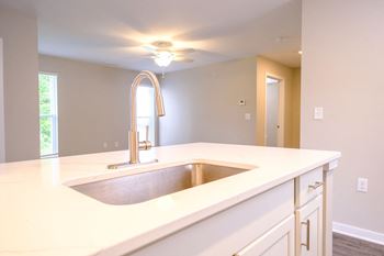 a kitchen with a custom sink and designer countertops